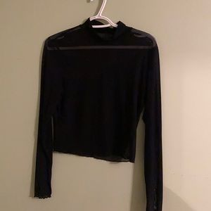 5/$25 Black cropped net top transparent turtleneck collar and ruffle sleeves  XL